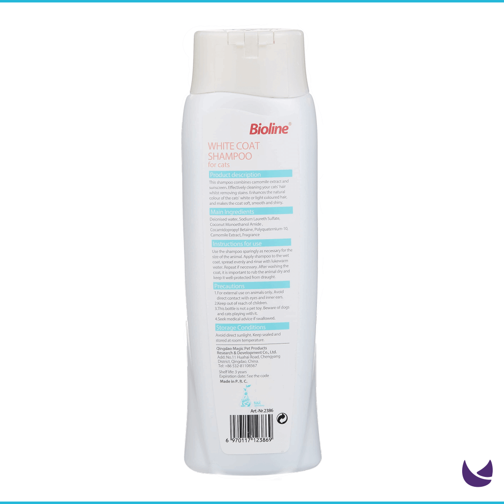 Back of Bioline white coat cat shampoo