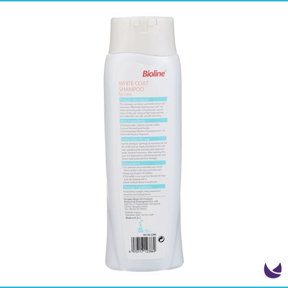 Back of Bioline white coat cat shampoo