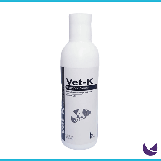 Vet K Shampoo for pets - black label on white bottle